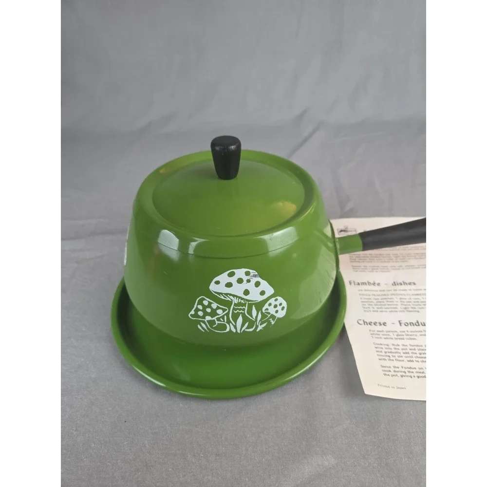 Vintage 70s Fondue Pot Avocado Green white Japan cooking pot retro mushroom